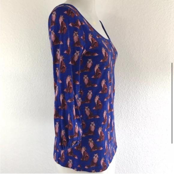 ANTHROPOLOGIE Forest Fete Novelty Fox Print 3/4 Sleeve Top Blue M As Seen On TV - Picture 6 of 13